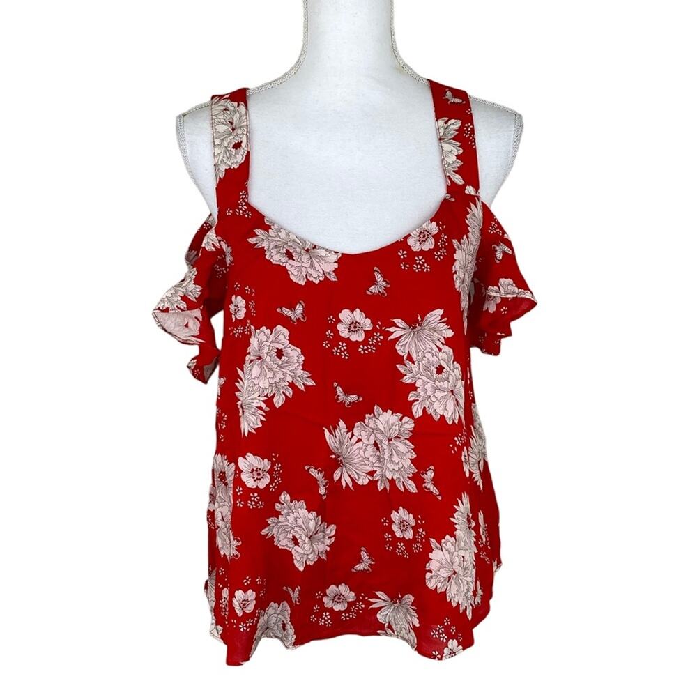 Skies are Blue Women's Cold Shoulder Ruffle‎ Floral Top Red Size M Boho